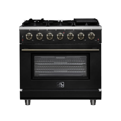 FORNO Massimo 36" 5.36 cu. ft. Freestanding Gas Range with 6 Sealed Burners, Air Fryer Kit, Wok Support & Griddle in Black with Antique Brass Accents, FFSGS6239-36BLK