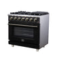 FORNO Massimo 36" 5.36 cu. ft. Freestanding Gas Range with 6 Sealed Burners, Air Fryer Kit, Wok Support & Griddle in Black with Antique Brass Accents, FFSGS6239-36BLK