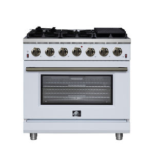 FORNO Massimo 36" 5.36 cu. ft. Freestanding Gas Range with 6 Sealed Burners, Air Fryer Kit, Wok Support & Griddle in White with Antique Brass Accents, FFSGS6239-36WHT