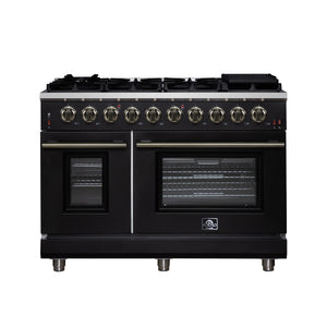 FORNO Massimo 48" 6.58 cu. ft. Freestanding Gas Range with 8 Sealed Burners, Air Fryer Kit, Wok Support & Griddle in Black with Antique Brass Accents, FFSGS6239-48BLK