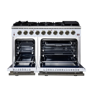 FORNO Massimo 48" 6.58 cu. ft. Freestanding Gas Range with 8 Sealed Burners, Air Fryer Kit, Wok Support & Griddle in White with Antique Brass Accents, FFSGS6239-48WHT