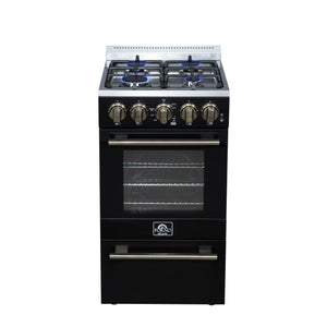 FORNO Lamazze 20" 2.05 cu.ft. Freestanding Gas Range with 4 Sealed Burners in Black with Antique Brass Accents, FFSGS6265-20BLK