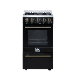 FORNO Lamazze 20" 2.05 cu.ft. Freestanding Gas Range with 4 Sealed Burners in Black with Antique Brass Accents, FFSGS6265-20BLK