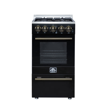 FORNO Lamazze 20" 2.05 cu.ft. Freestanding Gas Range with 4 Sealed Burners in Black with Antique Brass Accents, FFSGS6265-20BLK