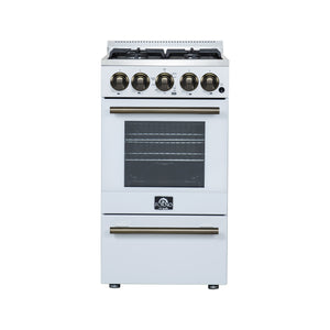 FORNO Lamazze 20" 2.05 cu.ft. Freestanding Gas Range with 4 Sealed Burners in White with Antique Brass Accents, FFSGS6265-20WHT