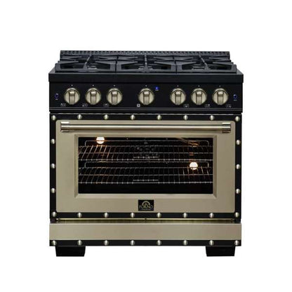FORNO Ambassador Valente 36" 5.2 cu. ft. Gas Range, 6 Sealed Burners, Convection Oven in Black with Antique Brass Accents and Copper Rivet Trim, FFSGS6299-36CPBLK