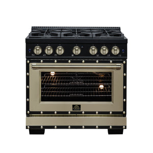 FORNO Ambassador Valente 36" 5.2 cu. ft. Gas Range, 6 Sealed Burners, Convection Oven in Black with Antique Brass Accents and Copper Rivet Trim, FFSGS6299-36CPBLK