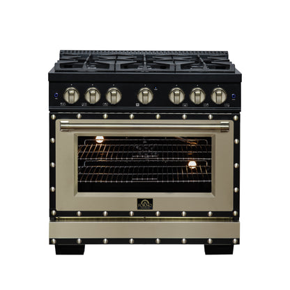 FORNO Ambassador Valente 36" 5.2 cu. ft. Gas Range, 6 Sealed Burners, Convection Oven in Black with Antique Brass Accents and Copper Rivet Trim, FFSGS6299-36CPBLK