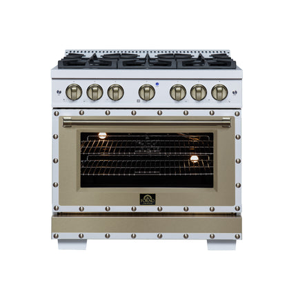FORNO Ambassador Valente 36" 5.2 cu. ft. Gas Range, 6 Sealed Burners, Convection Oven in White with Antique Brass Accents and Copper Rivet Trim, FFSGS6299-36CPWHT
