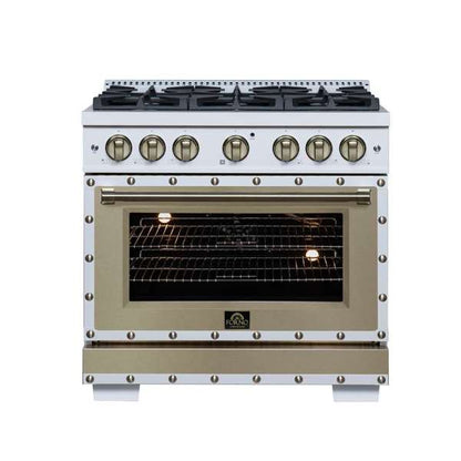 FORNO Ambassador Valente 36" 5.2 cu. ft. Gas Range, 6 Sealed Burners, Convection Oven in White with Antique Brass Accents and Copper Rivet Trim, FFSGS6299-36CPWHT