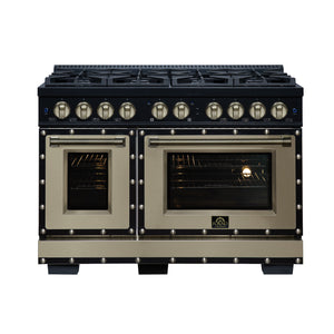 FORNO Ambassador Valente 48" 6.7 cu. ft. Gas Range, 8 Sealed Burners, Convection Oven in Black with Antique Brass Accents and Copper Rivet Trim, FFSGS6299-48CPBLK