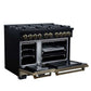 FORNO Ambassador Valente 48" 6.7 cu. ft. Gas Range, 8 Sealed Burners, Convection Oven in Black with Antique Brass Accents and Copper Rivet Trim, FFSGS6299-48CPBLK