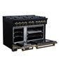 FORNO Ambassador Valente 48" 6.7 cu. ft. Gas Range, 8 Sealed Burners, Convection Oven in Black with Antique Brass Accents and Copper Rivet Trim, FFSGS6299-48CPBLK