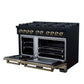 FORNO Ambassador Valente 48" 6.7 cu. ft. Gas Range, 8 Sealed Burners, Convection Oven in Black with Antique Brass Accents and Copper Rivet Trim, FFSGS6299-48CPBLK