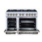 FORNO Ambassador Valente 48" 6.7 cu. ft. Gas Range, 8 Sealed Burners, Convection Oven in White with Antique Brass Accents and Copper Rivet Trim, FFSGS6299-48CPWHT