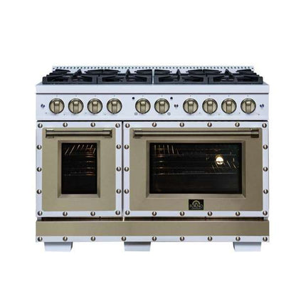 FORNO Ambassador Valente 48" 6.7 cu. ft. Gas Range, 8 Sealed Burners, Convection Oven in White with Antique Brass Accents and Copper Rivet Trim, FFSGS6299-48CPWHT