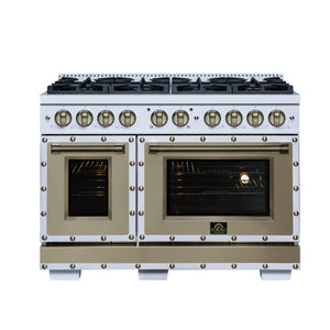 FORNO Ambassador Valente 48" 6.7 cu. ft. Gas Range, 8 Sealed Burners, Convection Oven in White with Antique Brass Accents and Copper Rivet Trim, FFSGS6299-48CPWHT