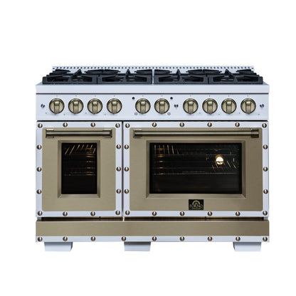 FORNO Ambassador Valente 48" 6.7 cu. ft. Gas Range, 8 Sealed Burners, Convection Oven in White with Antique Brass Accents and Copper Rivet Trim, FFSGS6299-48CPWHT