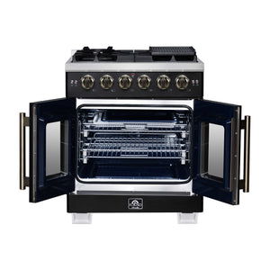 FORNO Capriasca 30" 4.32 cu. ft. French Door Gas Range with 5 Brass Burners, Air Fryer Kit, Rotisserie Kit, Wok Support & Griddle in Black with Antique Brass Accents, FFSGS6460-30BLK
