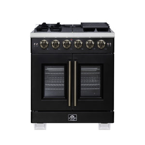 FORNO Capriasca 30" 4.32 cu. ft. French Door Gas Range with 5 Brass Burners, Air Fryer Kit, Rotisserie Kit, Wok Support & Griddle in Black with Antique Brass Accents, FFSGS6460-30BLK