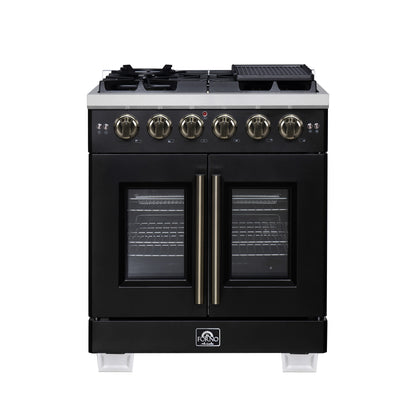 FORNO Capriasca 30" 4.32 cu. ft. French Door Gas Range with 5 Brass Burners, Air Fryer Kit, Rotisserie Kit, Wok Support & Griddle in Black with Antique Brass Accents, FFSGS6460-30BLK