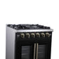 FORNO Capriasca 30" 4.32 cu. ft. French Door Gas Range with 5 Brass Burners, Air Fryer Kit, Rotisserie Kit, Wok Support & Griddle in Black with Antique Brass Accents, FFSGS6460-30BLK