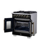 FORNO Capriasca 30" 4.32 cu. ft. French Door Gas Range with 5 Brass Burners, Air Fryer Kit, Rotisserie Kit, Wok Support & Griddle in Black with Antique Brass Accents, FFSGS6460-30BLK