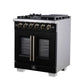 FORNO Capriasca 30" 4.32 cu. ft. French Door Gas Range with 5 Brass Burners, Air Fryer Kit, Rotisserie Kit, Wok Support & Griddle in Black with Antique Brass Accents, FFSGS6460-30BLK