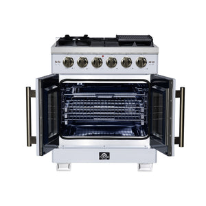 FORNO Capriasca 30" 4.32 cu. ft. French Door Gas Range with 5 Brass Burners, Air Fryer Kit, Rotisserie Kit, Wok Support & Griddle in White with Antique Brass Accents, FFSGS6460-30WHT