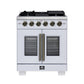 FORNO Capriasca 30" 4.32 cu. ft. French Door Gas Range with 5 Brass Burners, Air Fryer Kit, Rotisserie Kit, Wok Support & Griddle in White with Antique Brass Accents, FFSGS6460-30WHT