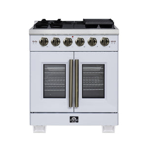 FORNO Capriasca 30" 4.32 cu. ft. French Door Gas Range with 5 Brass Burners, Air Fryer Kit, Rotisserie Kit, Wok Support & Griddle in White with Antique Brass Accents, FFSGS6460-30WHT