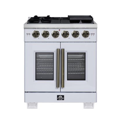 FORNO Capriasca 30" 4.32 cu. ft. French Door Gas Range with 5 Brass Burners, Air Fryer Kit, Rotisserie Kit, Wok Support & Griddle in White with Antique Brass Accents, FFSGS6460-30WHT