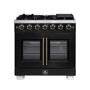 FORNO Capriasca 36" 5.36 cu. ft. French Door Gas Range with 6 Brass Burners, Air Fryer Kit, Rotisserie Kit, Wok Support & Griddle in Black with Antique Brass Accents, FFSGS6460-36BLK