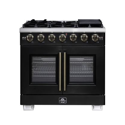 FORNO Capriasca 36" 5.36 cu. ft. French Door Gas Range with 6 Brass Burners, Air Fryer Kit, Rotisserie Kit, Wok Support & Griddle in Black with Antique Brass Accents, FFSGS6460-36BLK