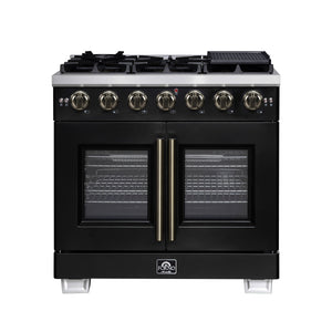 FORNO Appliance Package - 36" French Door Gas Range, 36" Refrigerator with Ice Maker, Dishwasher, 24" Microwave Drawer in Black with Antique Brass Accents, AP-FFSGS6460-36BLK-B