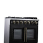 FORNO Capriasca 36" 5.36 cu. ft. French Door Gas Range with 6 Brass Burners, Air Fryer Kit, Rotisserie Kit, Wok Support & Griddle in Black with Antique Brass Accents, FFSGS6460-36BLK