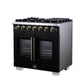 FORNO Capriasca 36" 5.36 cu. ft. French Door Gas Range with 6 Brass Burners, Air Fryer Kit, Rotisserie Kit, Wok Support & Griddle in Black with Antique Brass Accents, FFSGS6460-36BLK