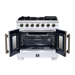 FORNO Capriasca 36" 5.36 cu. ft. French Door Gas Range with 6 Brass Burners, Air Fryer Kit, Rotisserie Kit, Wok Support & Griddle in White with Antique Brass Accents, FFSGS6460-36WHT