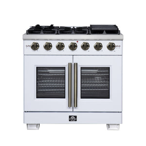 FORNO Appliance Package - 36" French Door Gas Range, Range Hood, 36" Refrigerator with Ice Maker, Dishwasher in White with Antique Brass Accents, AP-FFSGS6460-36WHT-A