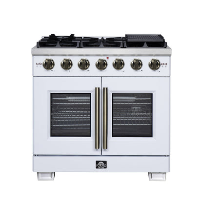 FORNO Appliance Package - 36" French Door Gas Range, Range Hood, 36" Refrigerator with Ice Maker, Dishwasher in White with Antique Brass Accents, AP-FFSGS6460-36WHT-A