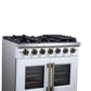 FORNO Capriasca 36" 5.36 cu. ft. French Door Gas Range with 6 Brass Burners, Air Fryer Kit, Rotisserie Kit, Wok Support & Griddle in White with Antique Brass Accents, FFSGS6460-36WHT