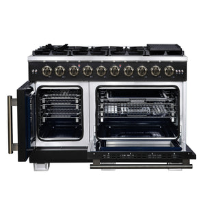 FORNO Capriasca 48" 6.58 cu. ft. French Door Gas Range with 8 Brass Burners, Air Fryer Kit, Rotisserie Kit, Wok Support & Griddle in Black with Antique Brass Accents, FFSGS6460-48BLK