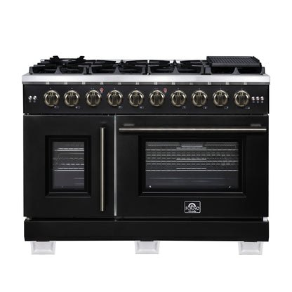 FORNO Capriasca 48" 6.58 cu. ft. French Door Gas Range with 8 Brass Burners, Air Fryer Kit, Rotisserie Kit, Wok Support & Griddle in Black with Antique Brass Accents, FFSGS6460-48BLK