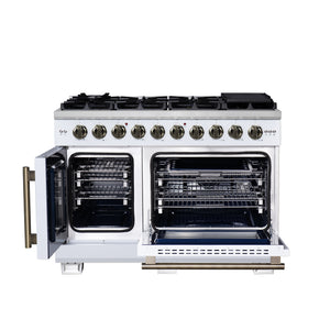 FORNO Capriasca 48" 6.58 cu. ft. French Door Gas Range with 8 Brass Burners, Air Fryer Kit, Rotisserie Kit, Wok Support & Griddle in White with Antique Brass Accents, FFSGS6460-48WHT