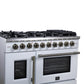 FORNO Capriasca 48" 6.58 cu. ft. French Door Gas Range with 8 Brass Burners, Air Fryer Kit, Rotisserie Kit, Wok Support & Griddle in White with Antique Brass Accents, FFSGS6460-48WHT