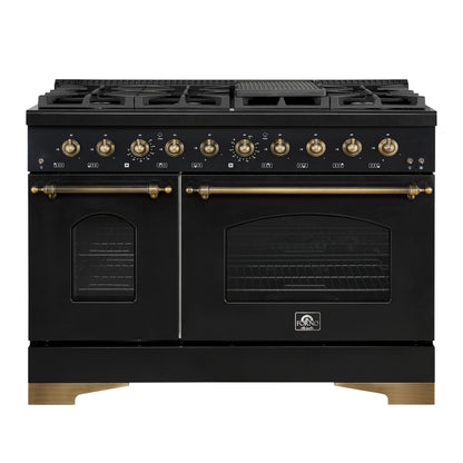 FORNO Antico 48" 5.5 cu. ft. Gas Range with 8 Sealed Burners and Griddle in Black with Antique Brass Accents, FFSGS6219-48BLK