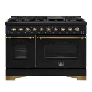 FORNO Espresso Package - 48" Gas Range, Range Hood, Dishwasher in Black with Antique Brass Accents