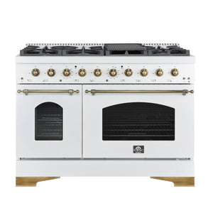 FORNO Espresso Package - 48" Dual Fuel Range, 60" Refrigerator, Dishwasher, Microwave in White with Antique Brass Accents