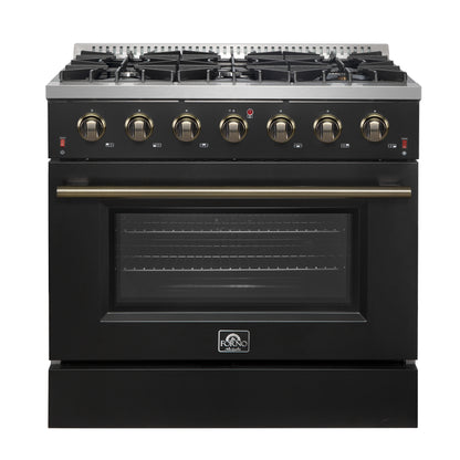 FORNO Galiano 36" 5.36 cu. ft. Gas Range with 6 Sealed Burners in Black with Antique Brass Accents, FFSGS6244-36BLK