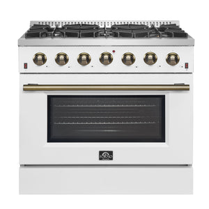 FORNO Galiano Package - 36" Gas Range, Range Hood, 60" Side-by-Side Refrigerator, Dishwasher and 24" Microwave Drawer in White with Antique Brass Accents